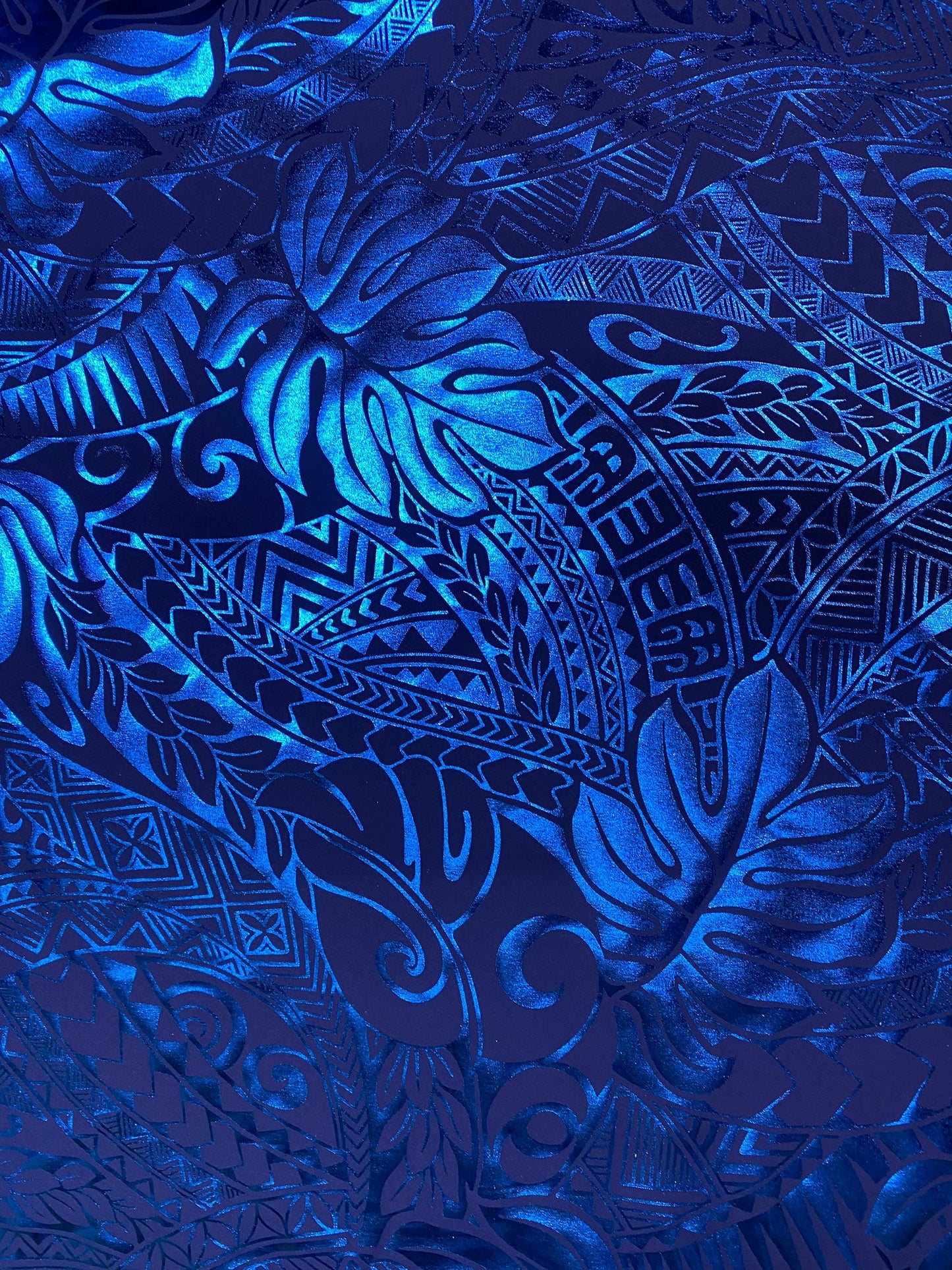 GTEX Collection- Exquisite Traditional Polynesian Samoan Tongan Hawaiian Tattoo Design & Monstera Leaf Hologram Foil Fabric (Non Stretch)  | Gtex Fabrics