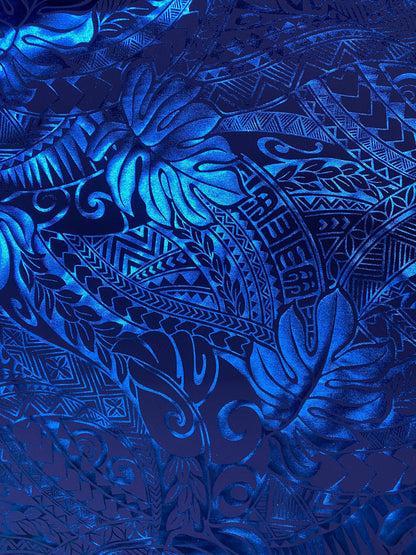 GTEX Collection- Exquisite Traditional Polynesian Samoan Tongan Hawaiian Tattoo Design & Monstera Leaf Hologram Foil Fabric (Non Stretch)  | Gtex Fabrics