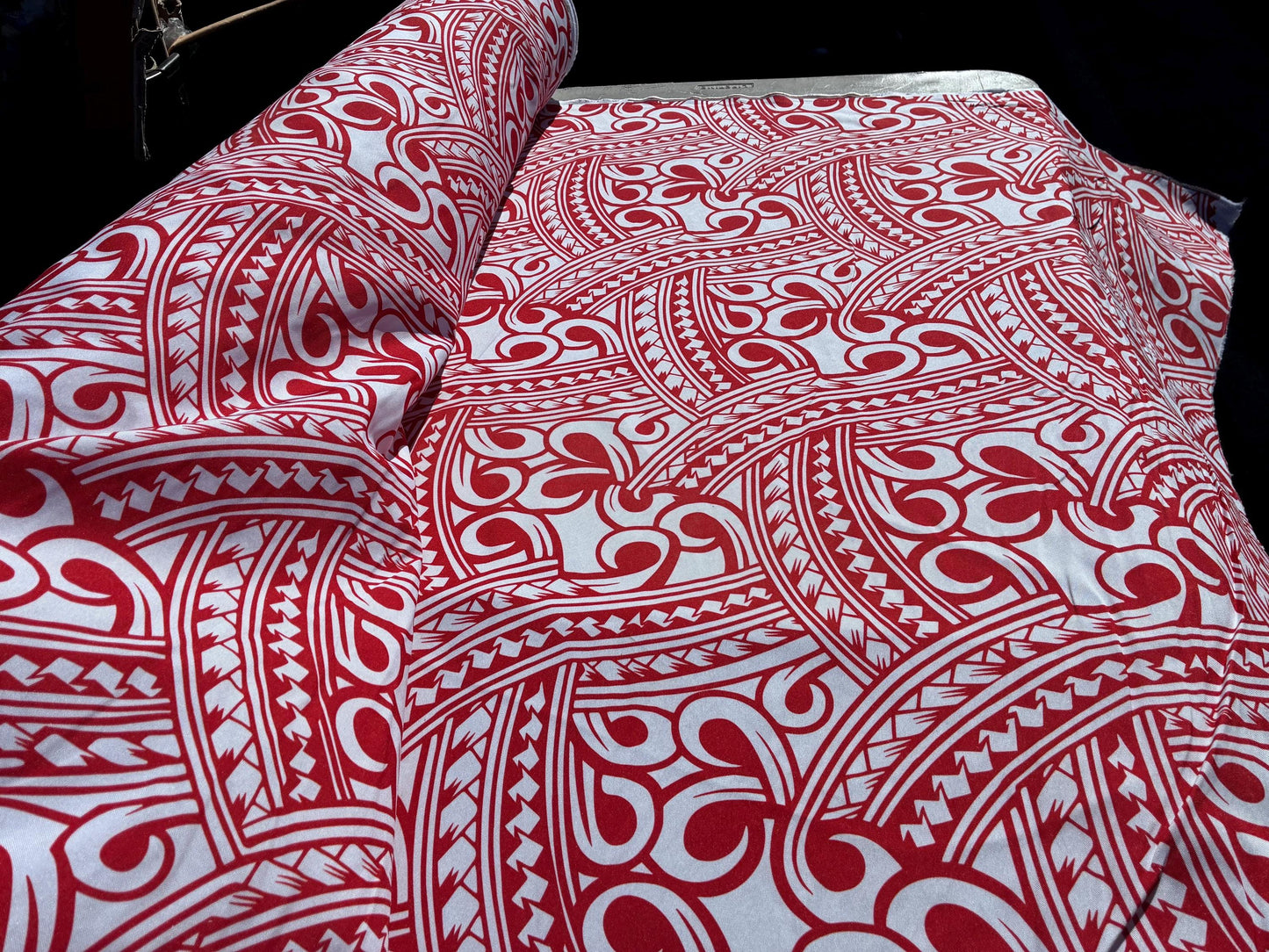 Island Fabric - Polynesian Tribal Fabric – 100% Polyester MiniMatt – Made in New Zealand 60” Wide (Red and White)  | Gtex Fabrics