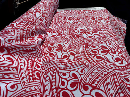 Island Fabric - Polynesian Tribal Fabric – 100% Polyester MiniMatt – Made in New Zealand 60” Wide (Red and White)  | Gtex Fabrics