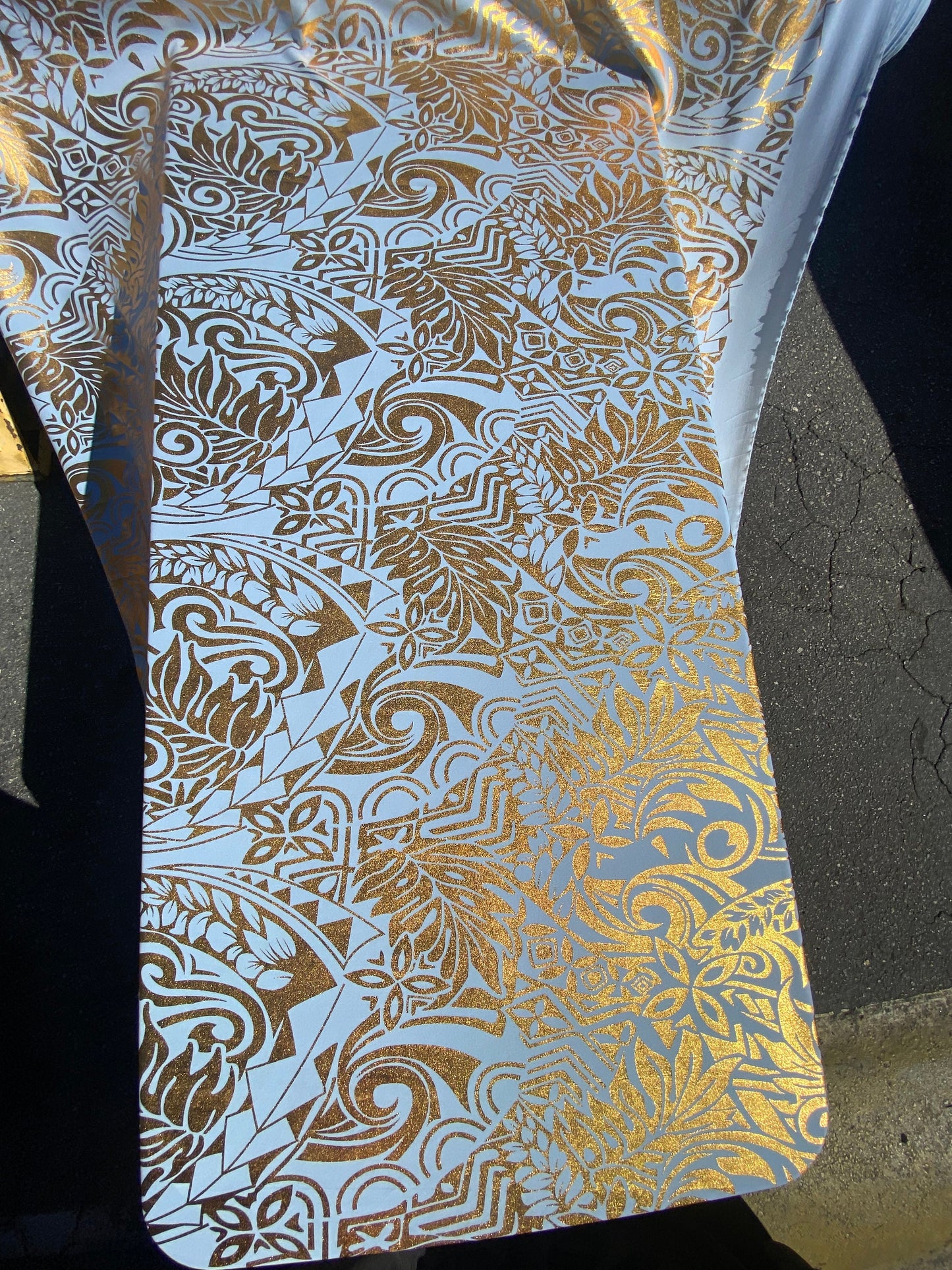 GTEX Collection- Exquisite Traditional Polynesian Tattoo Design | Foil Fabric - Stretch Scuba Fabric - 63" Luxury -Quality -Baby Blue & Gold | Gtex Fabrics
