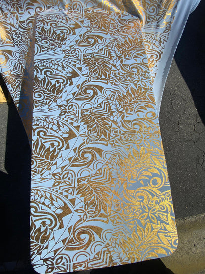 GTEX Collection- Exquisite Traditional Polynesian Tattoo Design | Foil Fabric - Stretch Scuba Fabric - 63" Luxury -Quality -Baby Blue & Gold | Gtex Fabrics