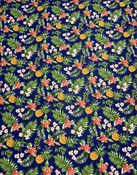 Hawaiian Print Luau Floral Pineapple Toss 100% Cotton Fabric 45" Island Print Sold By The Yard or Choose Length   | Gtex Fabrics