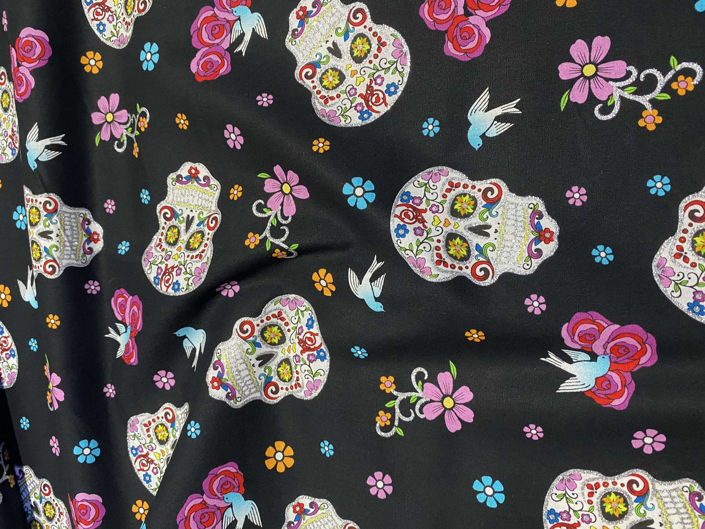 Mexican Heritage Folkloric Sugar Skulls With Glitter 100% Cotton Fabric / Black Calaveras Fabric / David Textiles / 44" wide | Gtex Fabrics