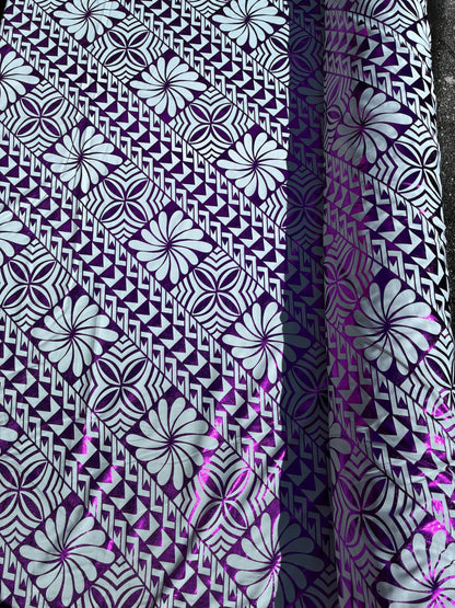 Traditional Polynesian Samoan Tongan Hawaiian Tattoo Hologram Foil Fabric | 58" White & Purple Color Foil Fabric (Non-Stretch) | Gtex Fabrics
