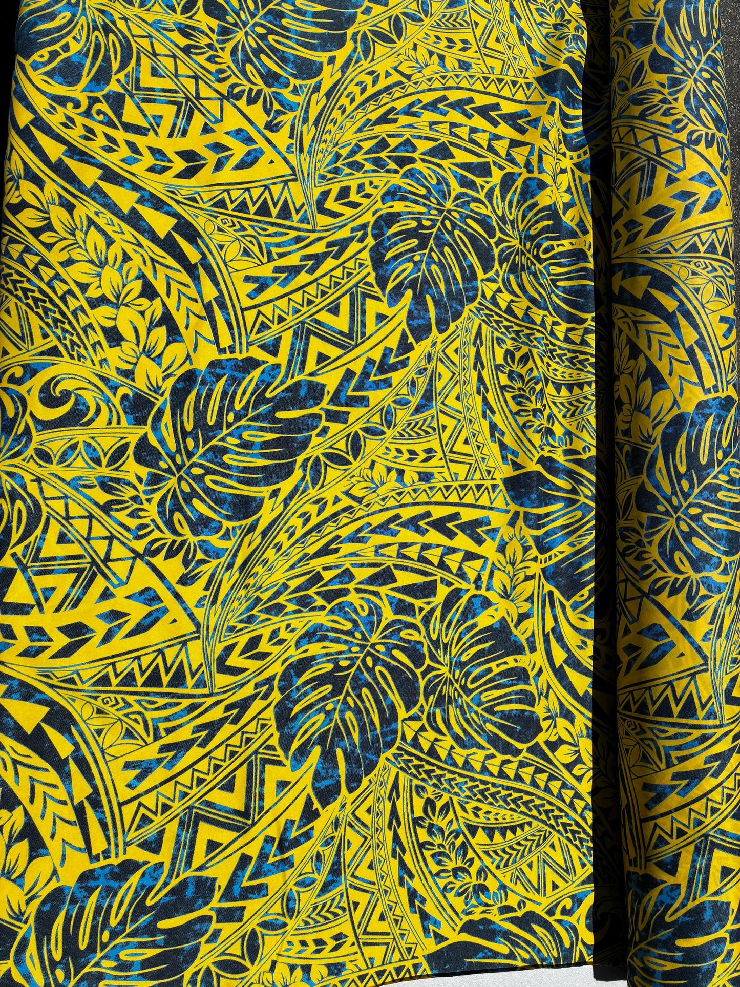 Polynesian Monstera Leaf Fabric – Tribal Island Print | 45” Wide | Lightweight Poly Cotton Feel | 100% Polyester | Sold by Yard or Roll | Gtex Fabrics