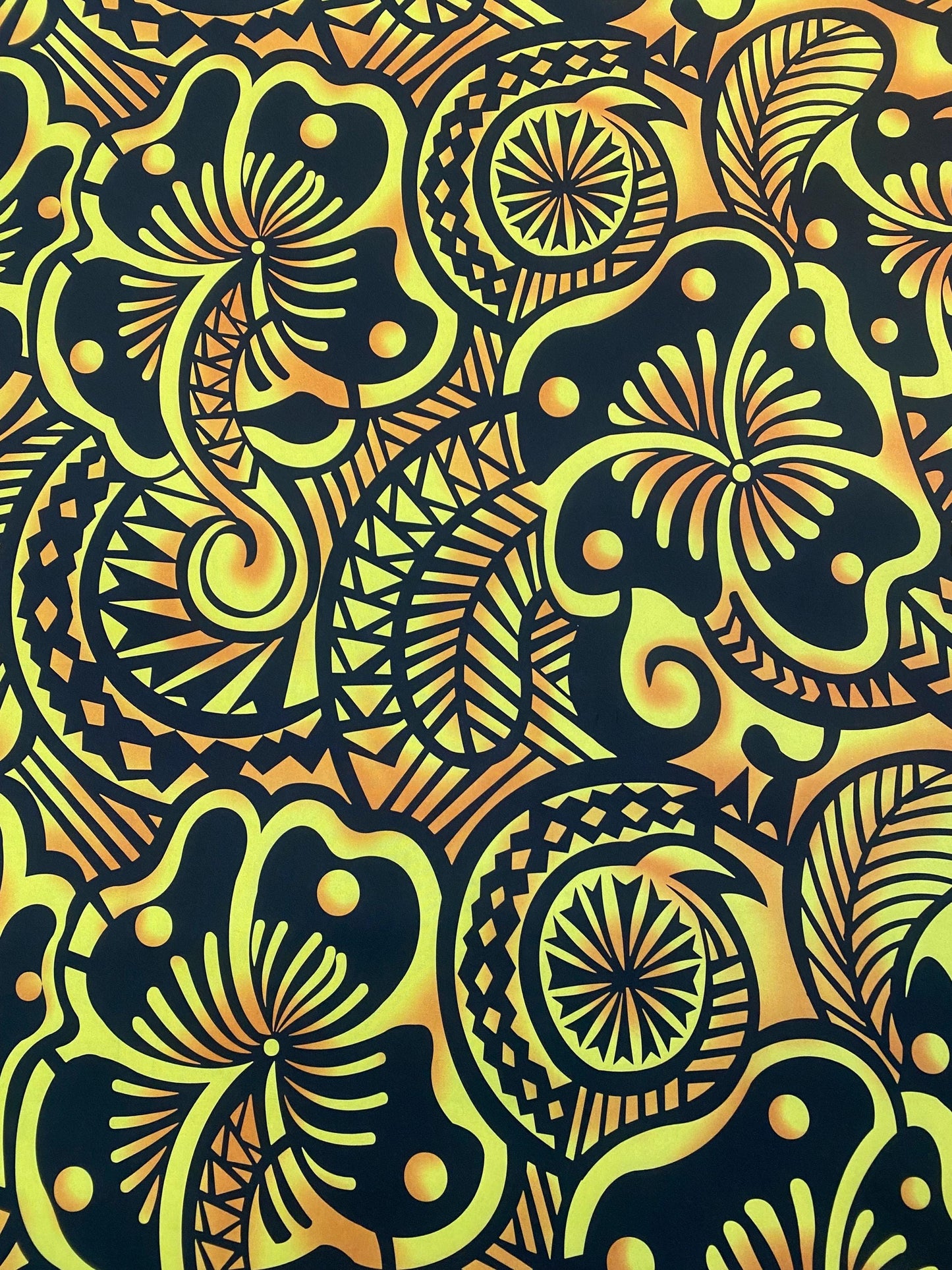 Large Print: Polynesian Fabric with Floral and Tribal Tattoo Design on Mini Matt - 58" Wide - Island Fabric - By The Yard (Black & Yellow)   | Gtex Fabrics
