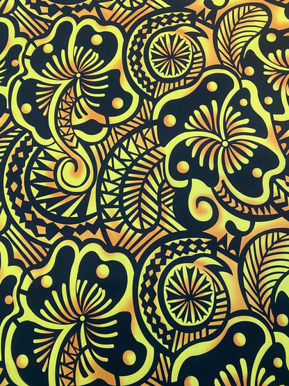 Large Print: Polynesian Fabric with Floral and Tribal Tattoo Design on Mini Matt - 58" Wide - Island Fabric - By The Yard (Black & Yellow)   | Gtex Fabrics