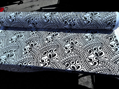 Island Fabric - Polynesian Tribal Fabric – 100% Polyester MiniMatt – Made in New Zealand 60” Wide (Silver and Black)  | Gtex Fabrics