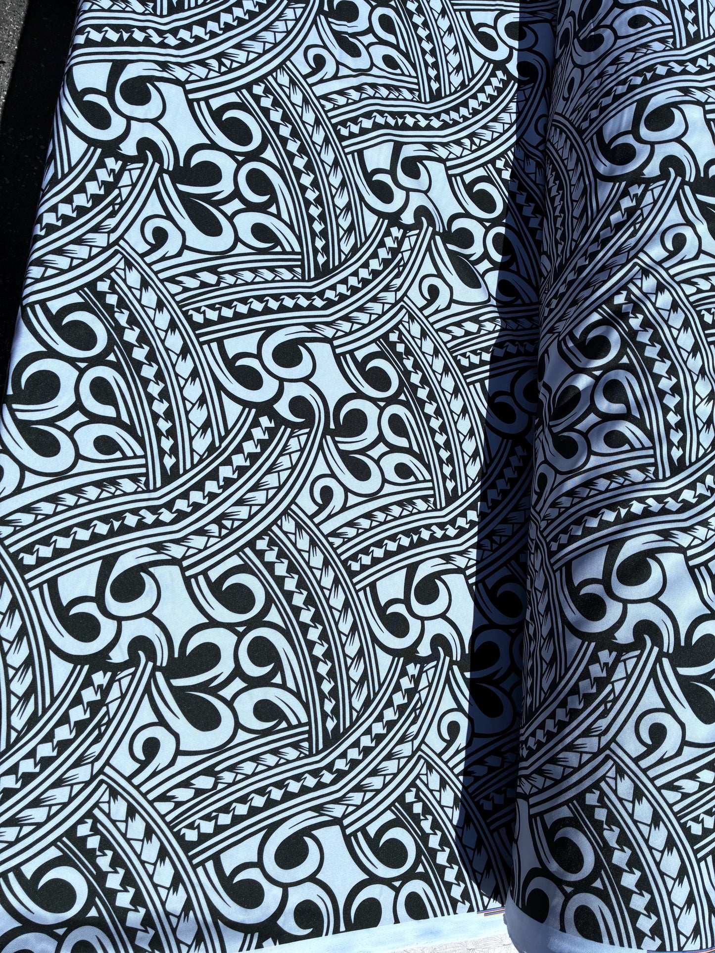 Island Fabric - Polynesian Tribal Fabric – 100% Polyester MiniMatt – Made in New Zealand 60” Wide (Silver and Black)  | Gtex Fabrics
