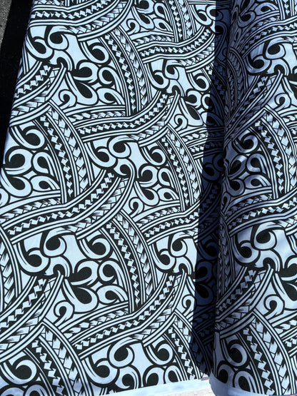 Island Fabric - Polynesian Tribal Fabric – 100% Polyester MiniMatt – Made in New Zealand 60” Wide (Silver and Black)  | Gtex Fabrics