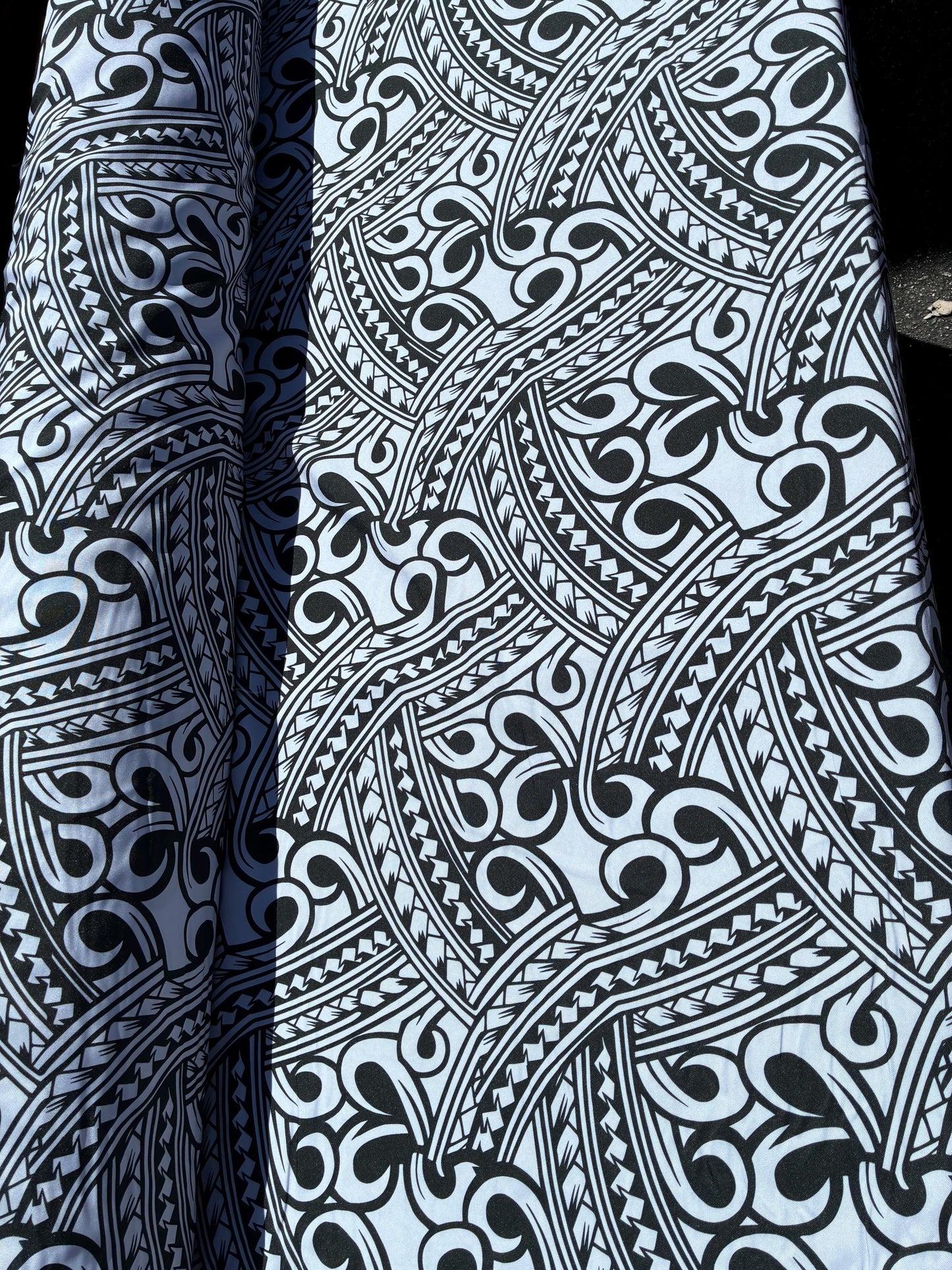 Island Fabric - Polynesian Tribal Fabric – 100% Polyester MiniMatt – Made in New Zealand 60” Wide (Silver and Black)  | Gtex Fabrics