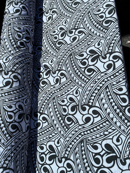 Island Fabric - Polynesian Tribal Fabric – 100% Polyester MiniMatt – Made in New Zealand 60” Wide (Silver and Black)  | Gtex Fabrics