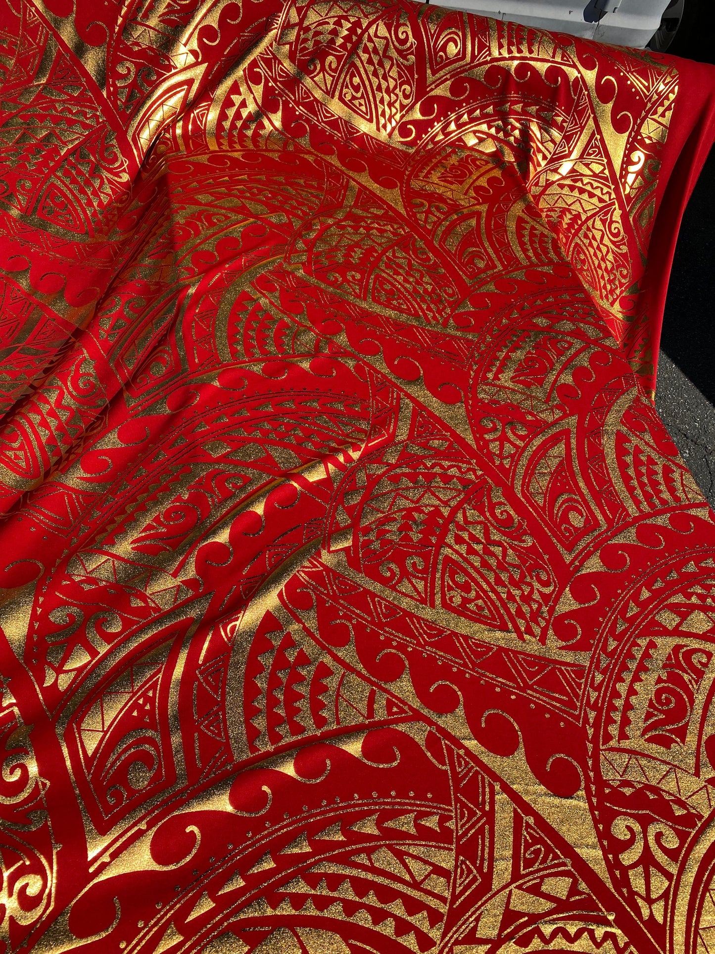GTEX Collection- Exquisite Traditional Polynesian Tattoo Design | Foil Fabric - Stretch Scuba Fabric - 63" Luxury -Quality (Red & Gold) | Gtex Fabrics