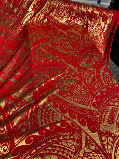GTEX Collection- Exquisite Traditional Polynesian Tattoo Design | Foil Fabric - Stretch Scuba Fabric - 63" Luxury -Quality (Red & Gold) | Gtex Fabrics