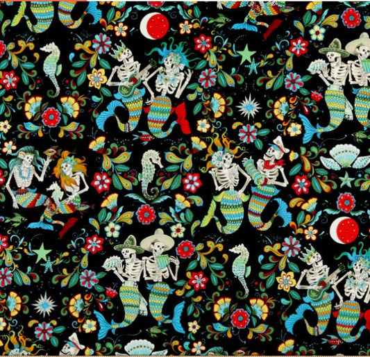 Alexander Henry Folklorico Esqueletos Del Mar - Day Of The Dead Skeleton Mermaids 100% Cotton Algodon tela material By The Yard | Gtex Fabrics
