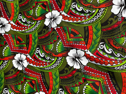 Polynesian Tribal Hibiscus Fusion – 45” Wide | Lightweight Soft Poly Cotton Feel | Sold by Yard or Roll | Island Design | Wholesale | Gtex Fabrics