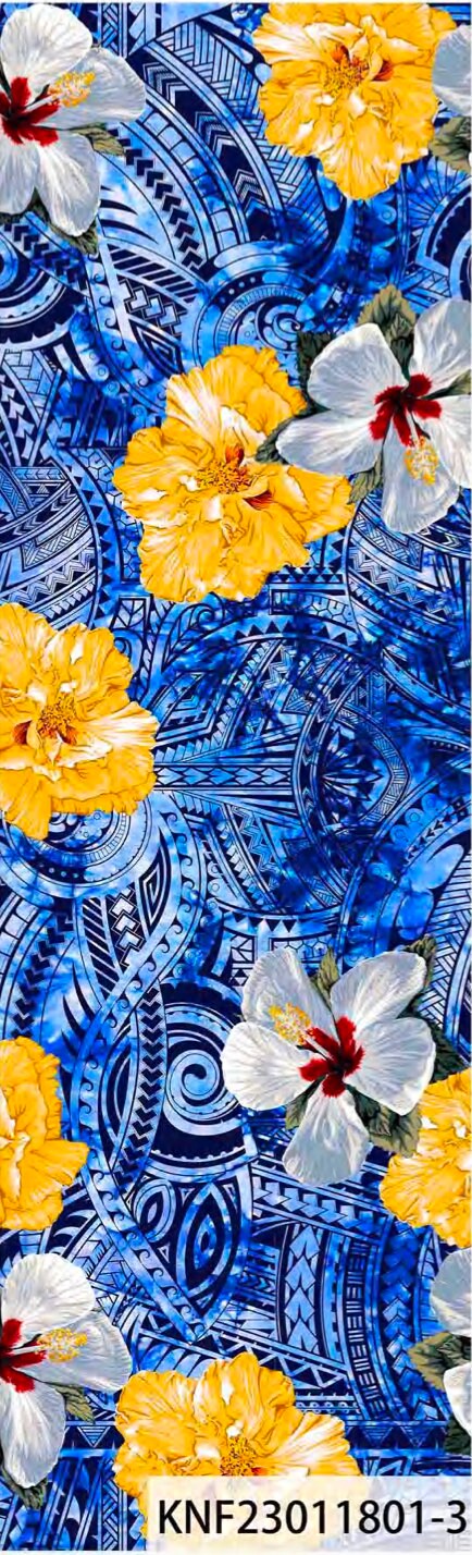 GTEX Collection: Polynesian Print Fabric with Plumeria Floral and Tribal Tattoo Design on Peach Skin -58" Wide - Island Fabric - By The Yard | Gtex Fabrics