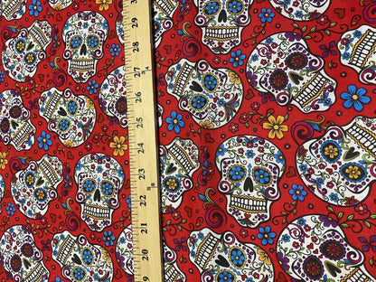 Mexican Heritage Folkloric Sugar Skulls 100% Cotton Fabric / Red Calaveras Fabric / David Textiles / 44" wide | Gtex Fabrics