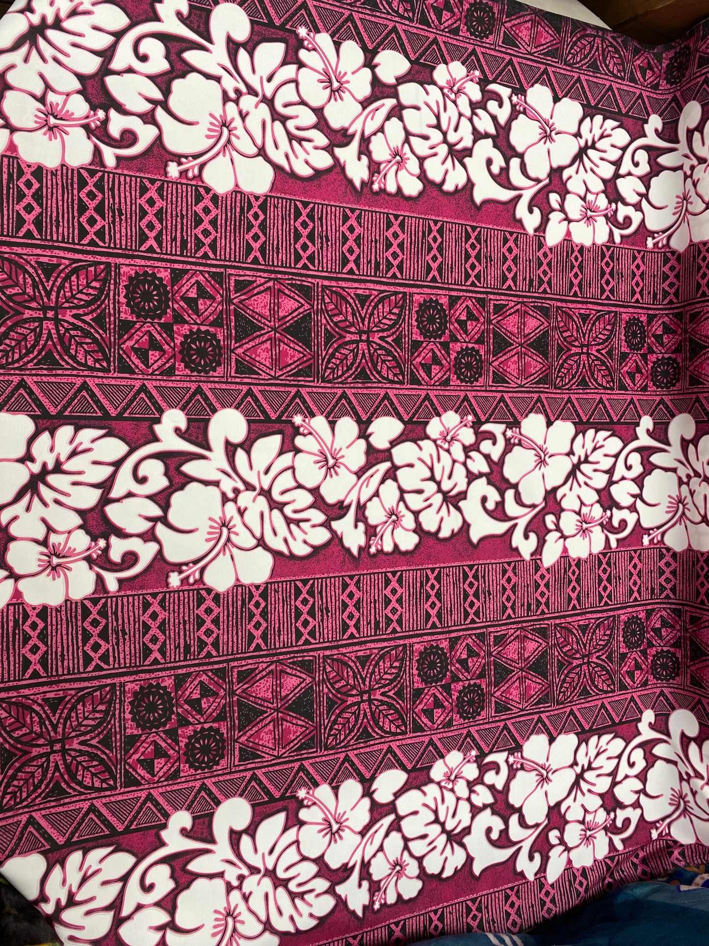 New! Polynesian Fabric, Hibiscus Print with Tribal Tattoo Design, Island Fabric - Sold by the Yard - Polyester Fabric 45" - Pink Color | Gtex Fabrics