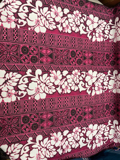 New! Polynesian Fabric, Hibiscus Print with Tribal Tattoo Design, Island Fabric - Sold by the Yard - Polyester Fabric 45" - Pink Color | Gtex Fabrics