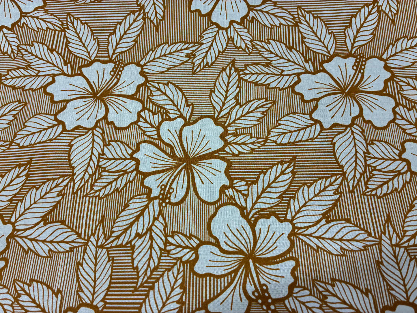 Hibiscus & Leaf Fabric – Gold and Begie Poly Cotton Blend Fabric, 44” Wide Tropical Island Print by the Yard