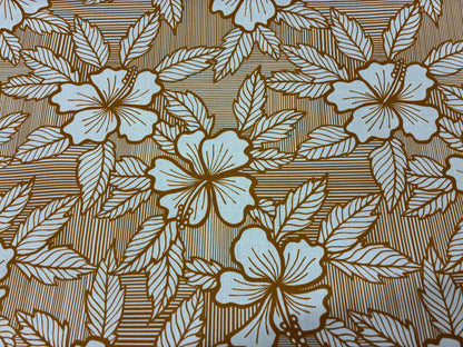 Hibiscus & Leaf Fabric – Gold and Begie Poly Cotton Blend Fabric, 44” Wide Tropical Island Print by the Yard