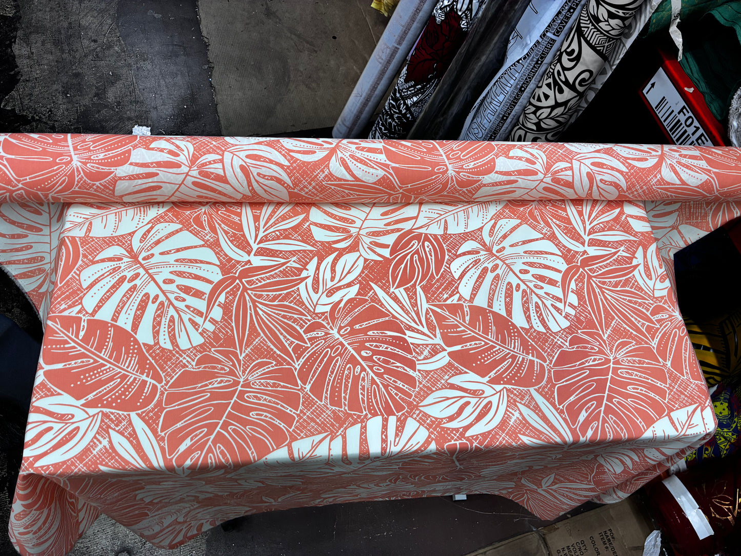 Polynesian Hawaiian Island Fabric 45" Poly Cotton Fabric Monstera Leafs - Sold By The Yard | Peach Color