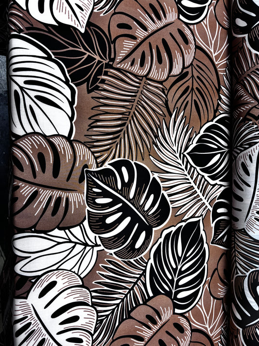 Polynesian Hawaiian Island Fabric 45" Poly Cotton Fabric Monstera Leafs - Sold By The Yard | Brown Color