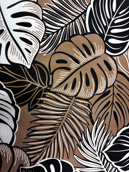 Polynesian Hawaiian Island Fabric 45" Poly Cotton Fabric Monstera Leafs - Sold By The Yard | Brown Color