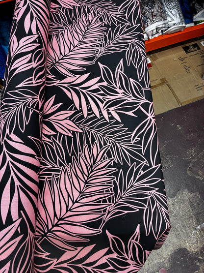 Polynesian Hawaiian Island Fabric 45" Poly Cotton Fabric Leafs Toss- Sold By The Yard | Black & Peach Color