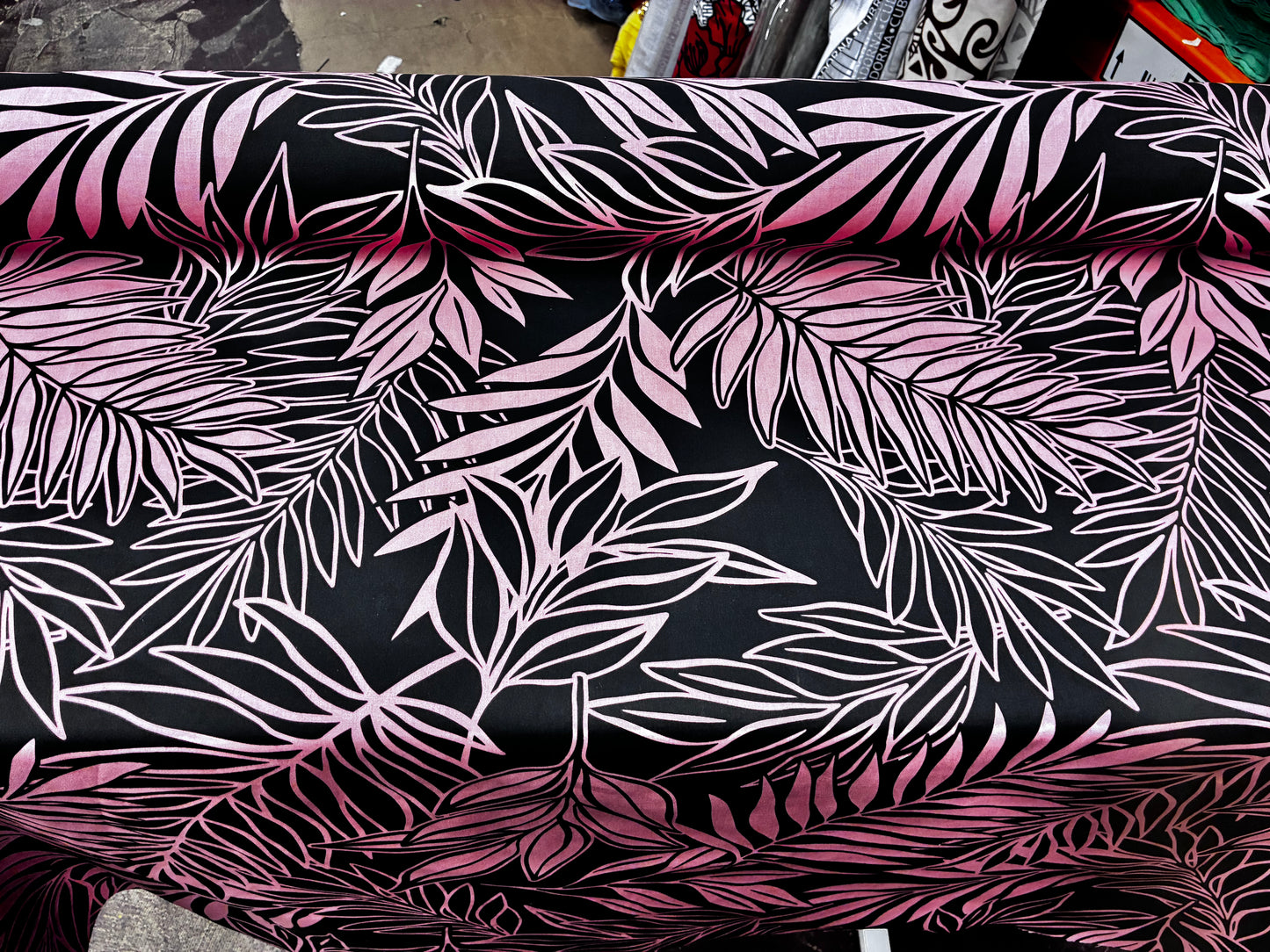 Polynesian Hawaiian Island Fabric 45" Poly Cotton Fabric Leafs Toss- Sold By The Yard | Black & Peach Color