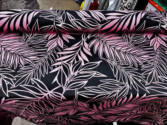 Polynesian Hawaiian Island Fabric 45" Poly Cotton Fabric Leafs Toss- Sold By The Yard | Black & Peach Color
