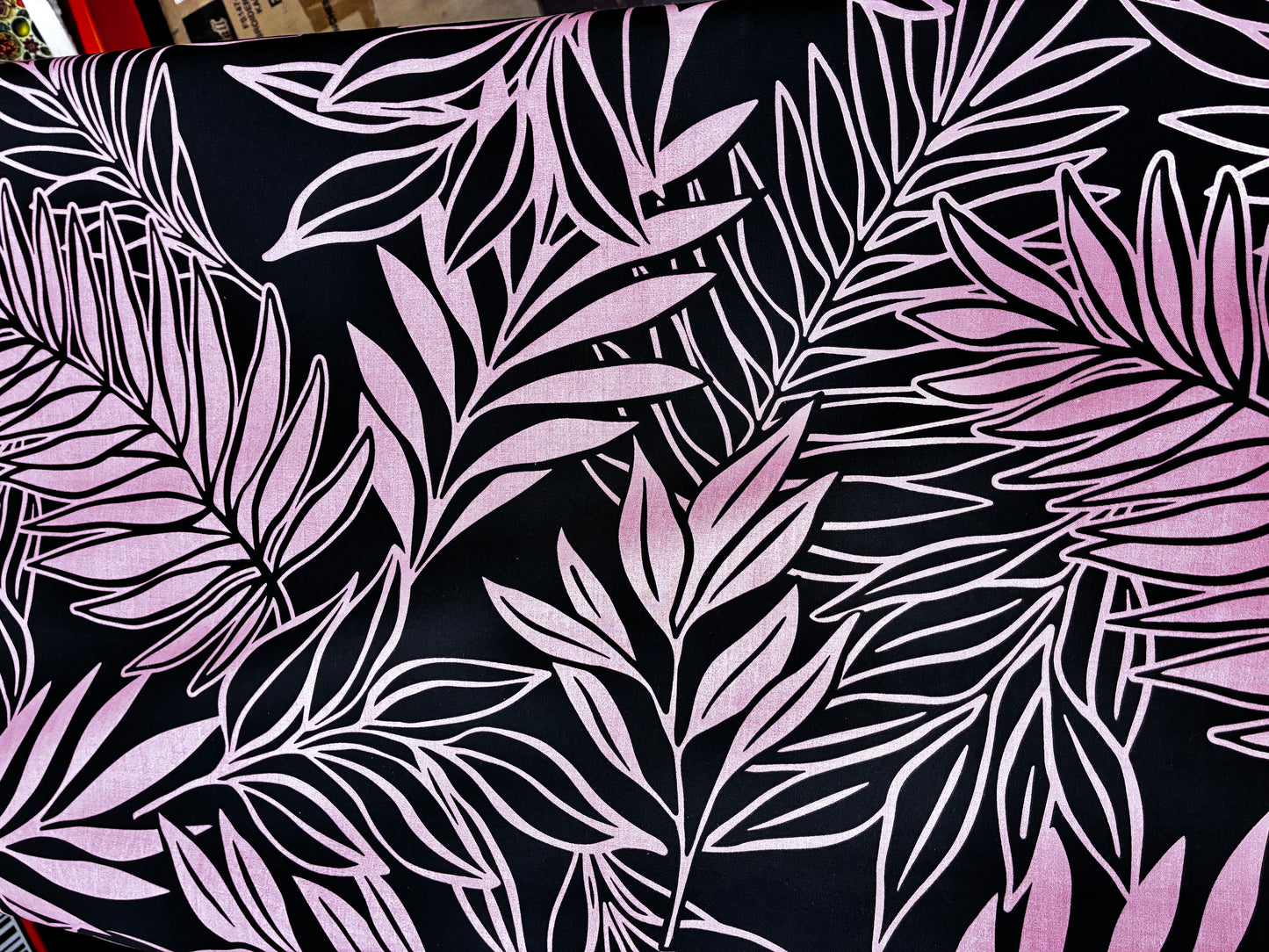 Polynesian Hawaiian Island Fabric 45" Poly Cotton Fabric Leafs Toss- Sold By The Yard | Black & Peach Color