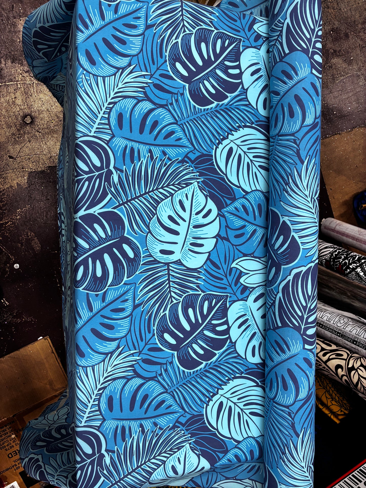 Polynesian Hawaiian Island Fabric 45" Poly Cotton Fabric Monstera Leafs - Sold By The Yard | Blue Color
