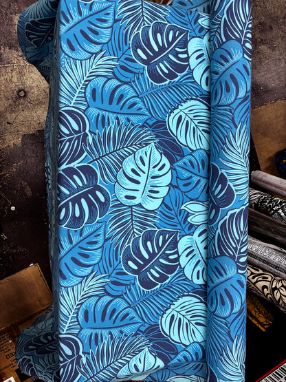 Polynesian Hawaiian Island Fabric 45" Poly Cotton Fabric Monstera Leafs - Sold By The Yard | Blue Color