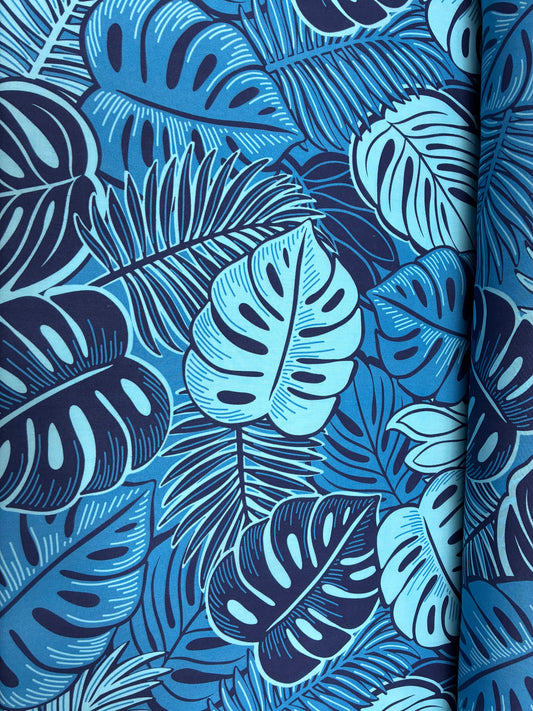 Polynesian Hawaiian Island Fabric 45" Poly Cotton Fabric Monstera Leafs - Sold By The Yard | Blue Color