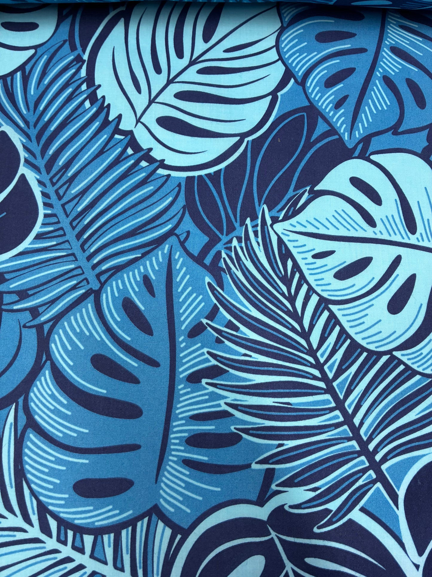 Polynesian Hawaiian Island Fabric 45" Poly Cotton Fabric Monstera Leafs - Sold By The Yard | Blue Color