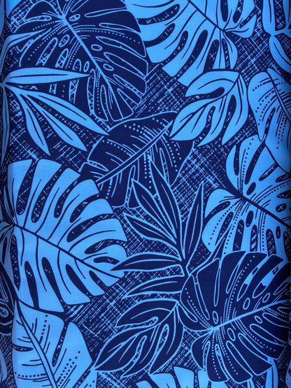 Polynesian Hawaiian Island Fabric 45" Poly Cotton Fabric Monstera Leafs - Sold By The Yard | Navy & Blue Color