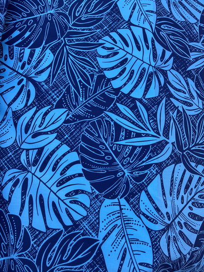 Polynesian Hawaiian Island Fabric 45" Poly Cotton Fabric Monstera Leafs - Sold By The Yard | Navy & Blue Color