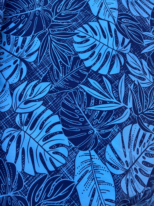 Polynesian Hawaiian Island Fabric 45" Poly Cotton Fabric Monstera Leafs - Sold By The Yard | Navy & Blue Color