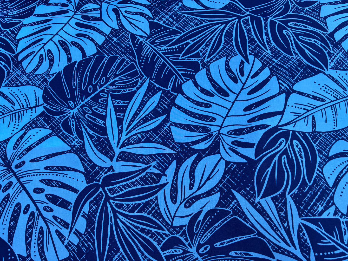 Polynesian Hawaiian Island Fabric 45" Poly Cotton Fabric Monstera Leafs - Sold By The Yard | Navy & Blue Color
