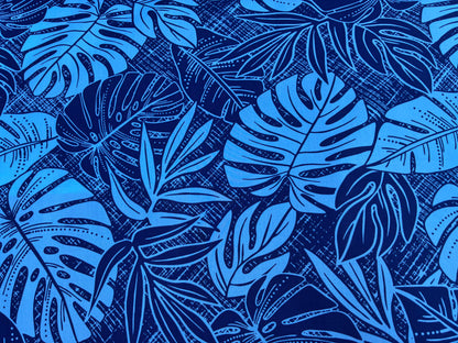 Polynesian Hawaiian Island Fabric 45" Poly Cotton Fabric Monstera Leafs - Sold By The Yard | Navy & Blue Color