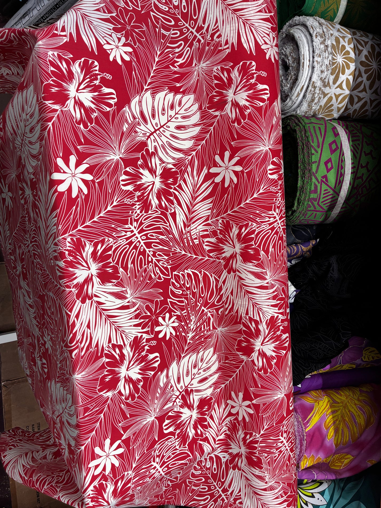Polynesian Hawaiian Island Fabric 45" Poly Cotton Fabric Monstera & Hibiscus Print- Sold By The Yard | Red & White Color