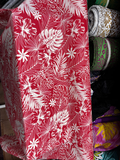 Polynesian Hawaiian Island Fabric 45" Poly Cotton Fabric Monstera & Hibiscus Print- Sold By The Yard | Red & White Color