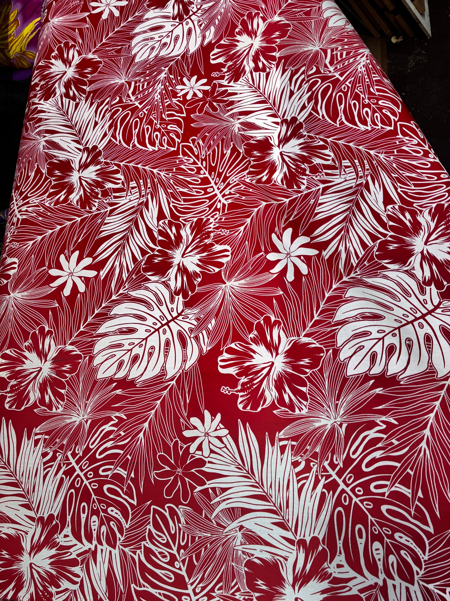 Polynesian Hawaiian Island Fabric 45" Poly Cotton Fabric Monstera & Hibiscus Print- Sold By The Yard | Red & White Color