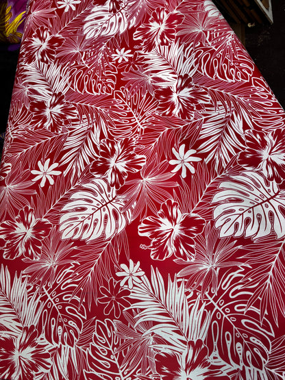 Polynesian Hawaiian Island Fabric 45" Poly Cotton Fabric Monstera & Hibiscus Print- Sold By The Yard | Red & White Color