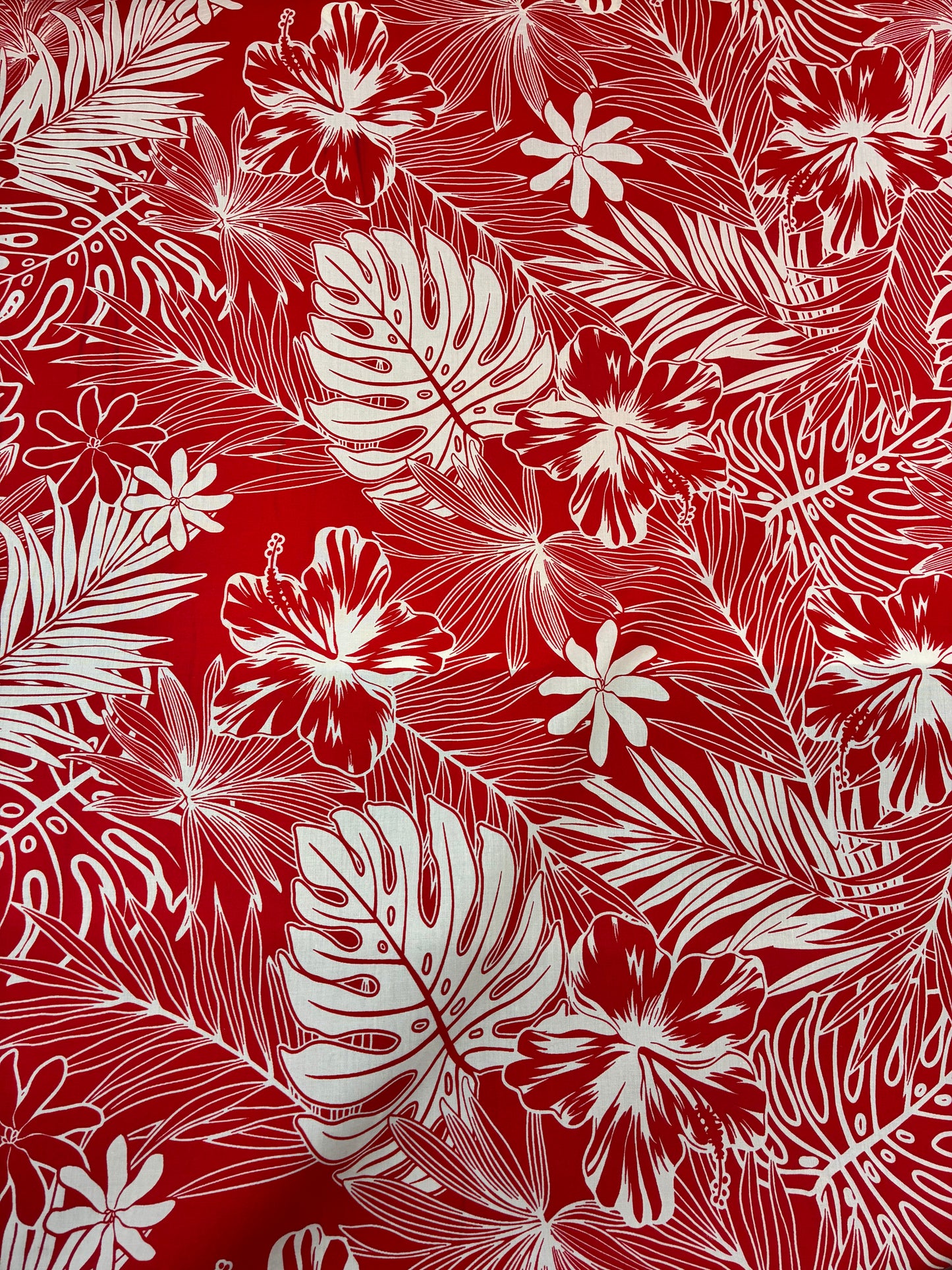 Polynesian Hawaiian Island Fabric 45" Poly Cotton Fabric Monstera & Hibiscus Print- Sold By The Yard | Red & White Color