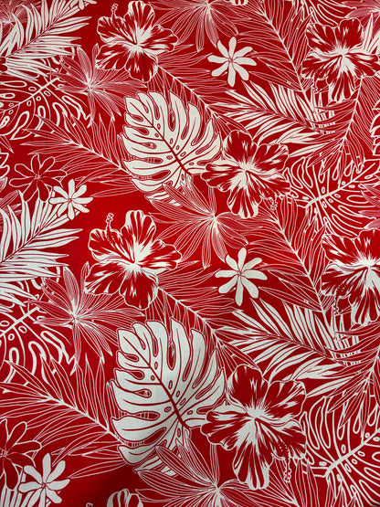 Polynesian Hawaiian Island Fabric 45" Poly Cotton Fabric Monstera & Hibiscus Print- Sold By The Yard | Red & White Color