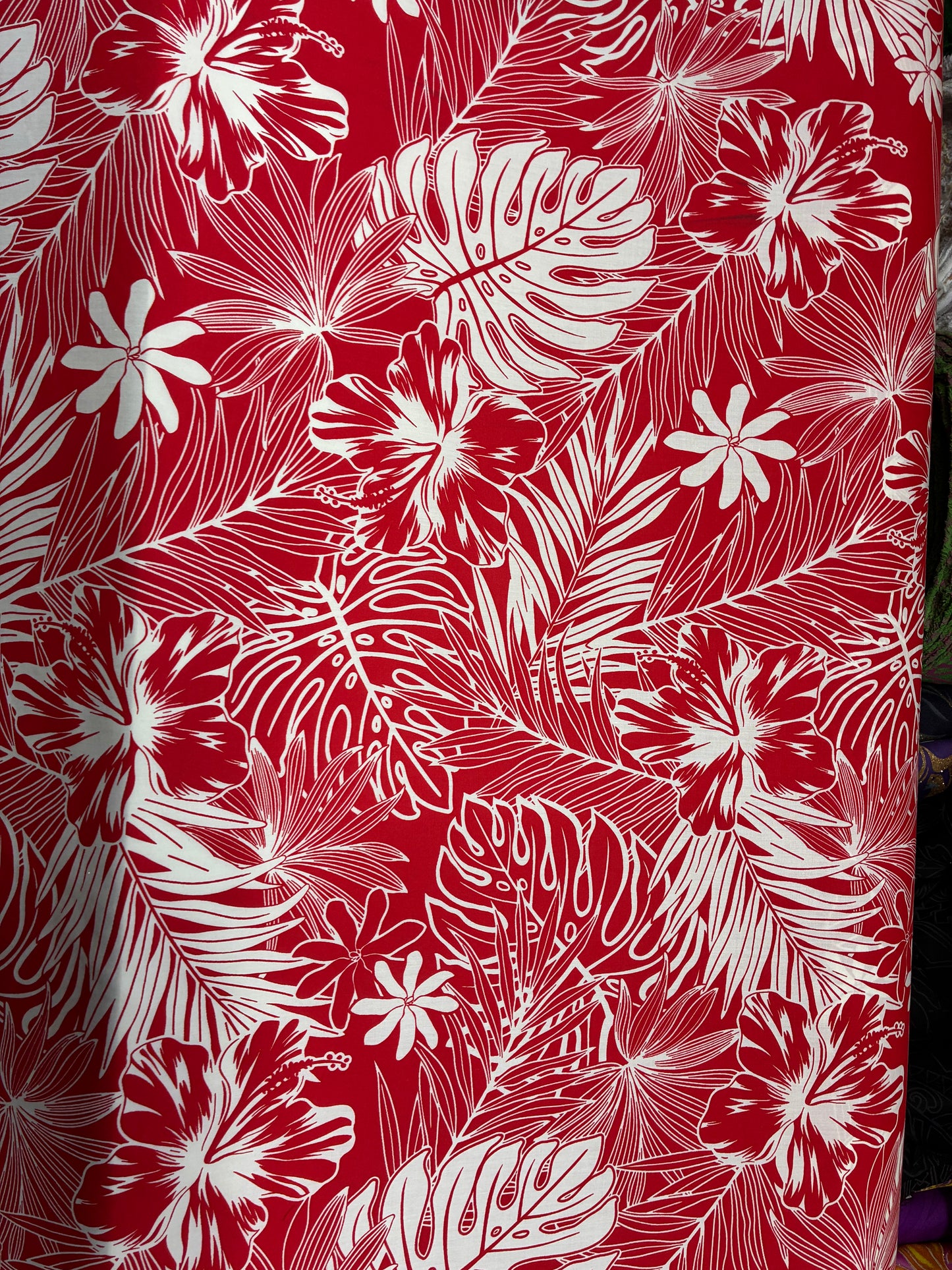 Polynesian Hawaiian Island Fabric 45" Poly Cotton Fabric Monstera & Hibiscus Print- Sold By The Yard | Red & White Color